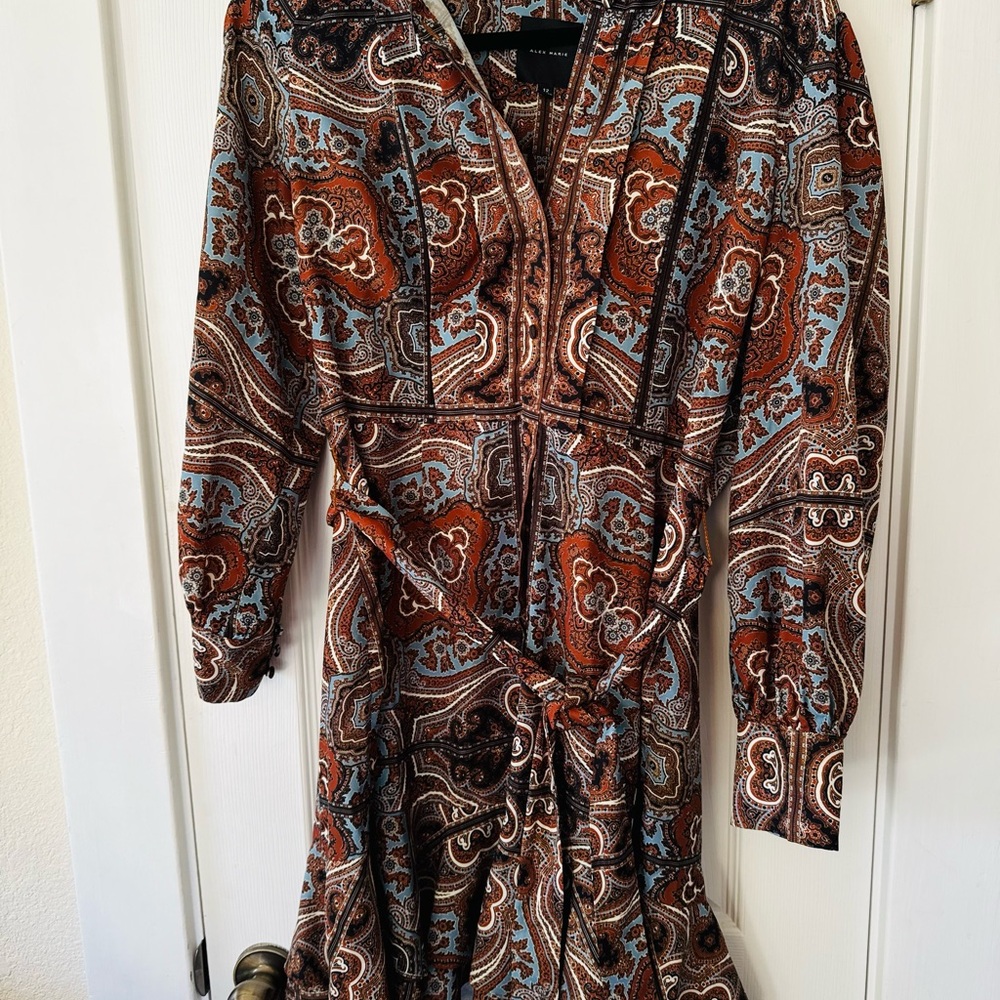 Alex Marie Paisleyโ Long-sleeve Dress in Brown, Blue, and Cream